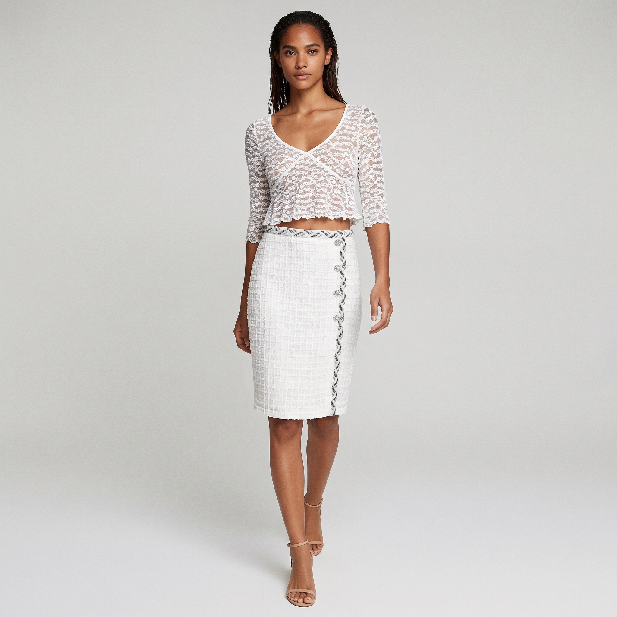 See Through Lace Top Women Sheer 3/4 Sleeve Floral Lace T-Shirt Free Size
