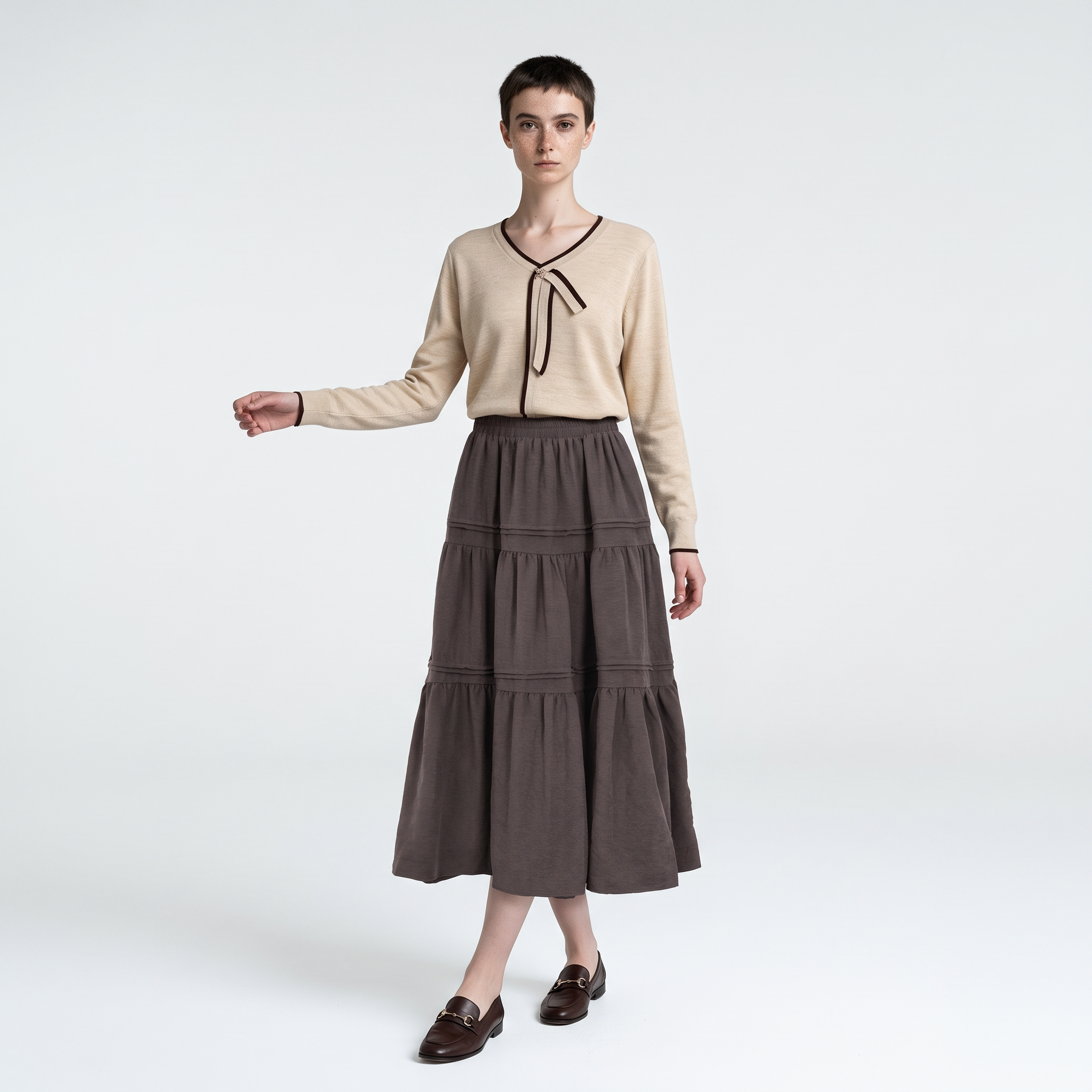 Women's Pin Tuck Tiered Ruffle Maxi Skirt Soft Peach Fabric Long Skirt