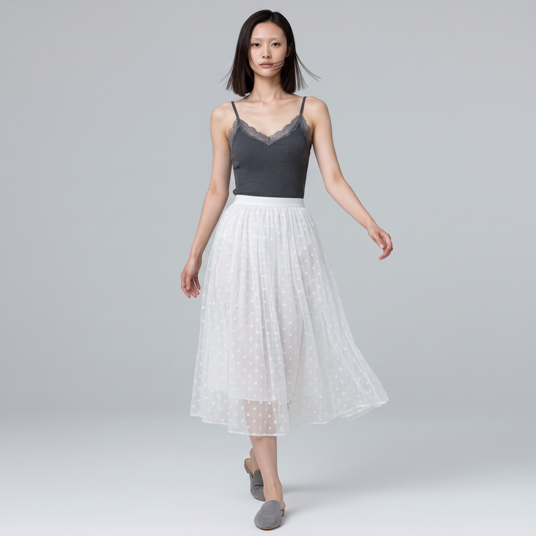 Polka Dot Sheer Pleated Skirt Women See Through Mesh Midi Skirt 2 Color
