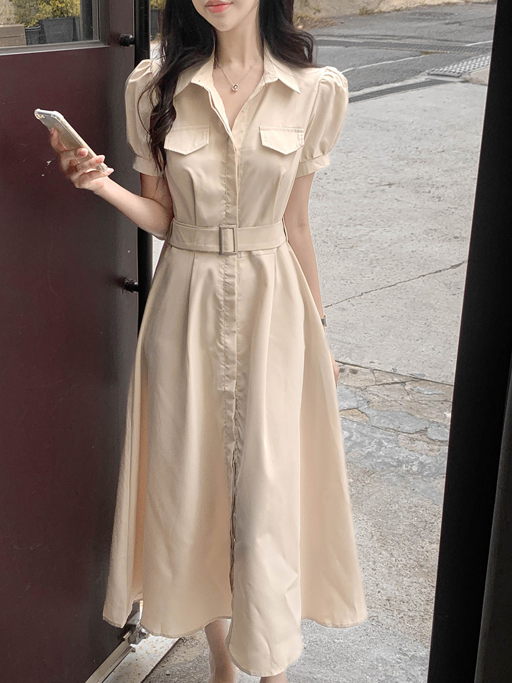Women's Collared Puff Sleeve Flare Maxi Dress Long Floral Korean Fashion