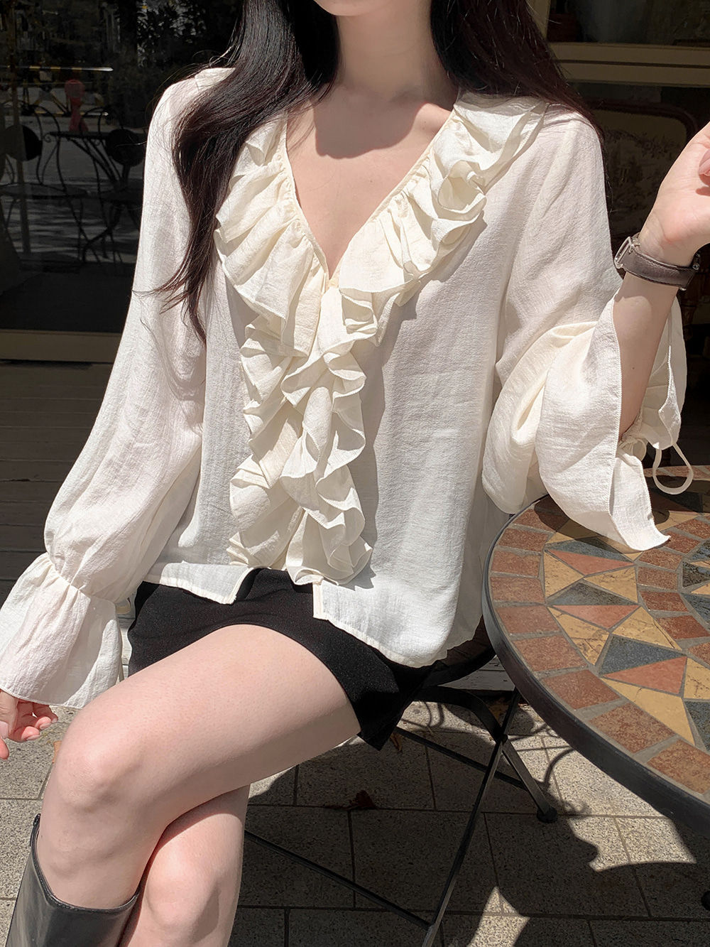Women's Frilly Blouse Ruffle Trim Long Sleeve Feminine Top Free Size