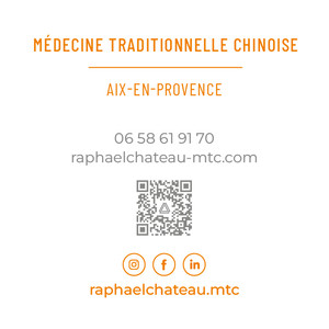 Carte de visite de Raphaël, praticien en Médecine Traditionnelle Chinoise, avec ses coordonnées professionnelles et informations de contact.