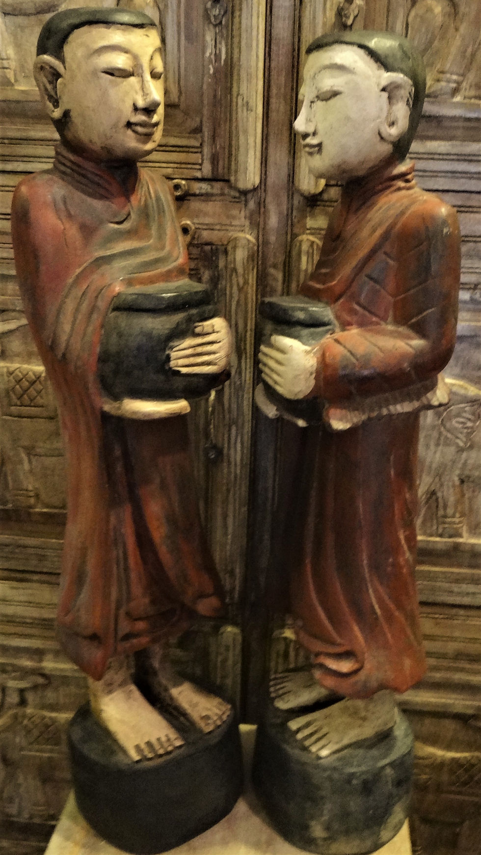Thumbnail: Monks in Saffron Robes Teak Statues