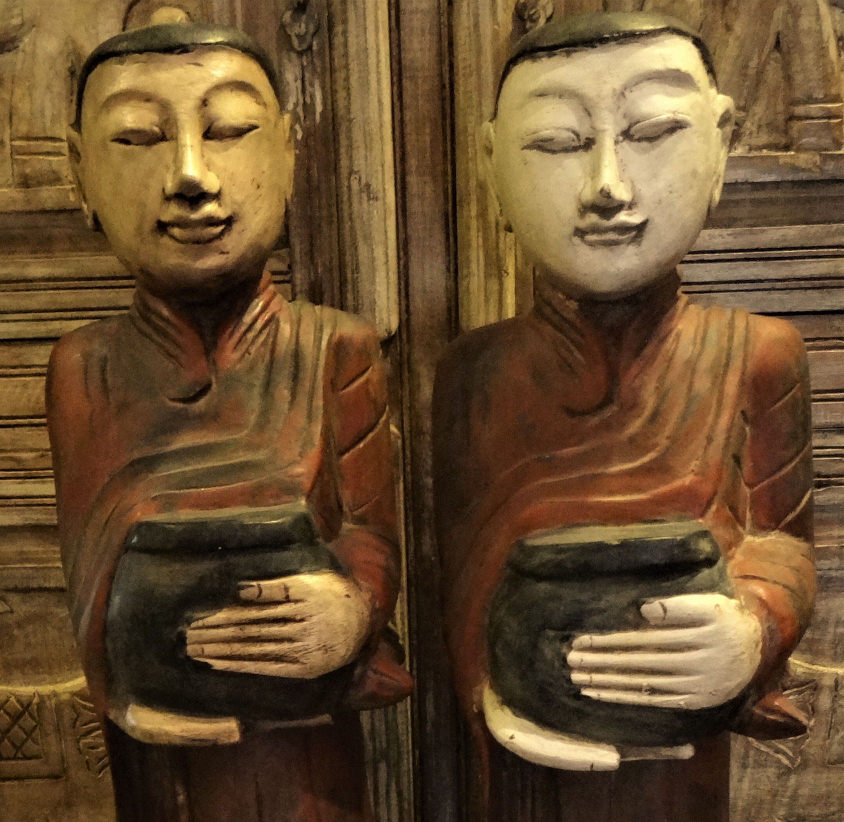 Monks in Saffron Robes Teak Statues