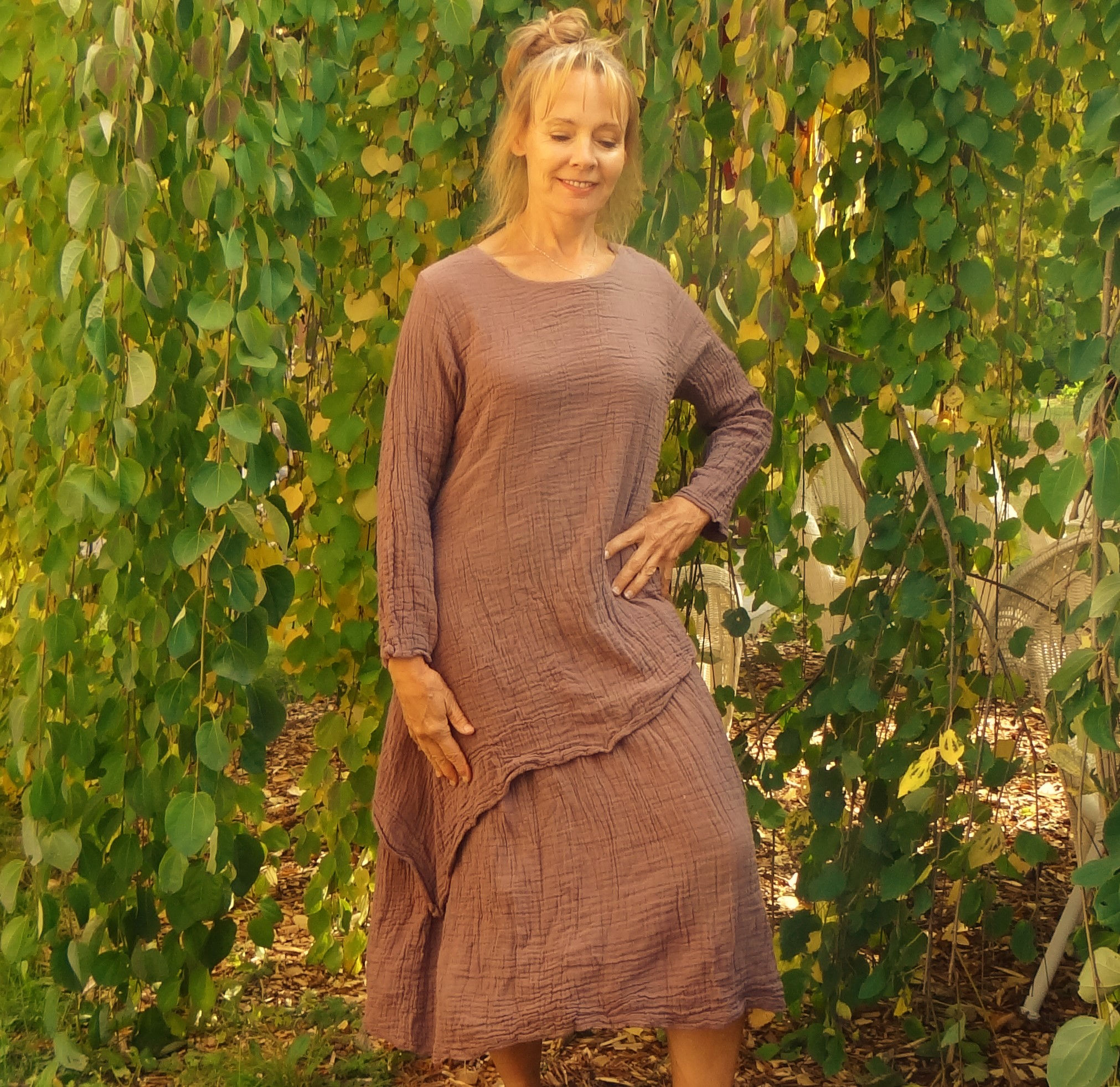 Diagonal Layered Dress in Cotton Waffle Long Sleeve:41