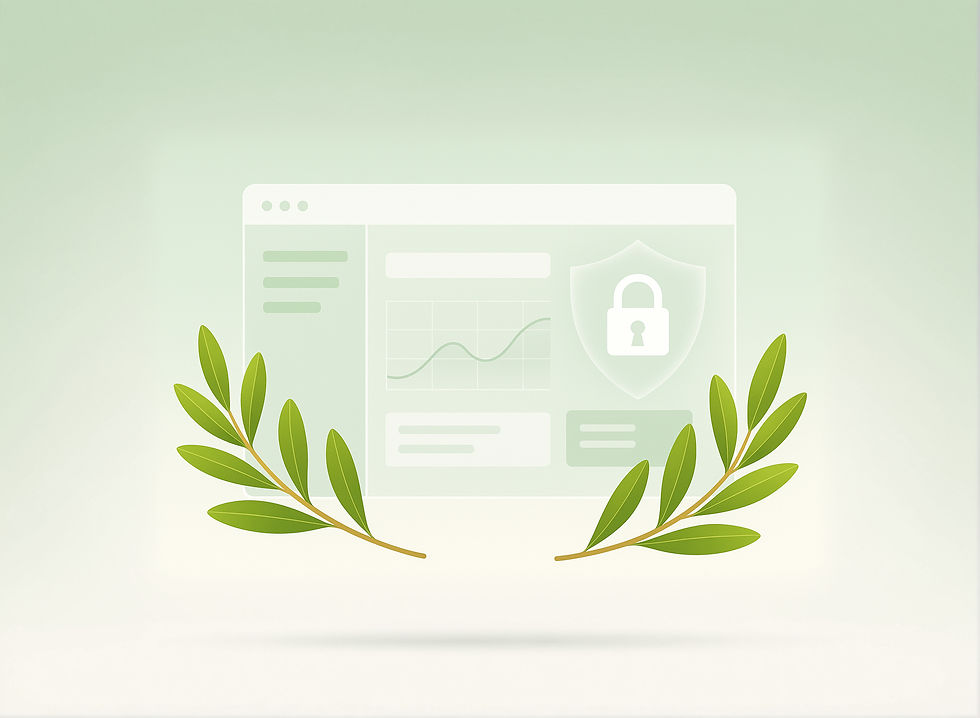 Main image showing a pale green gradient, open web page with anayltics and security icons, and olive branches.