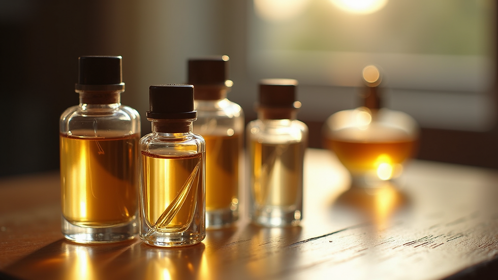 Close-up view of a selection of niche perfume samples in elegant glass vials