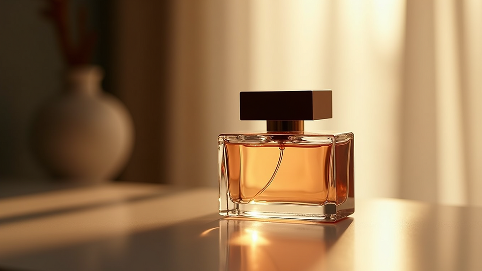 Close-up view of a luxury fragrance bottle with a sleek design