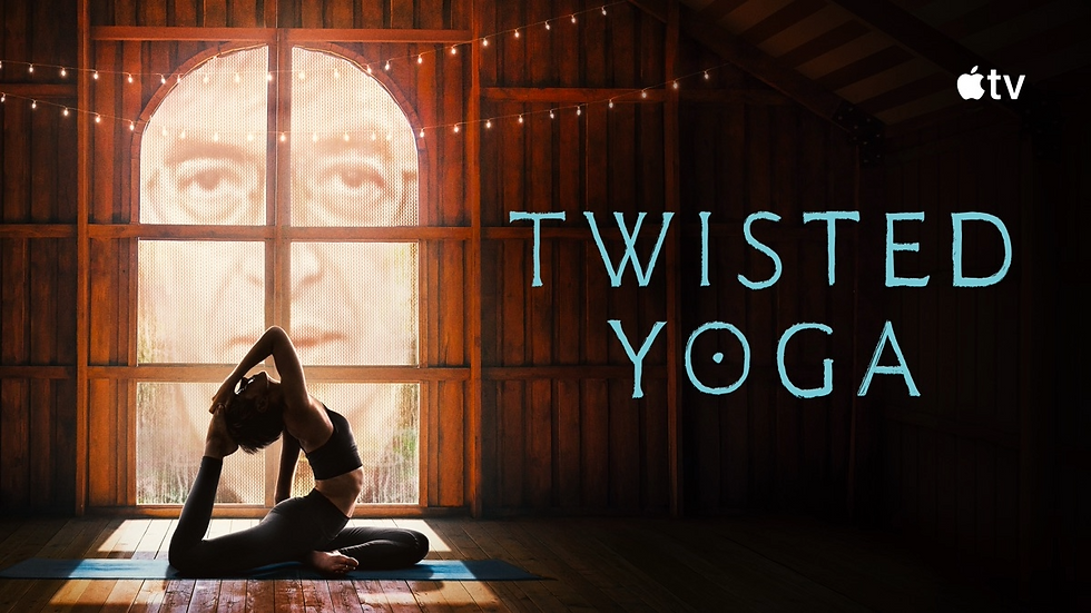 A person does a yoga pose indoors on a mat, silhouetted against a large window with a giant face image. Text: "Twisted Yoga" and Apple TV logo.