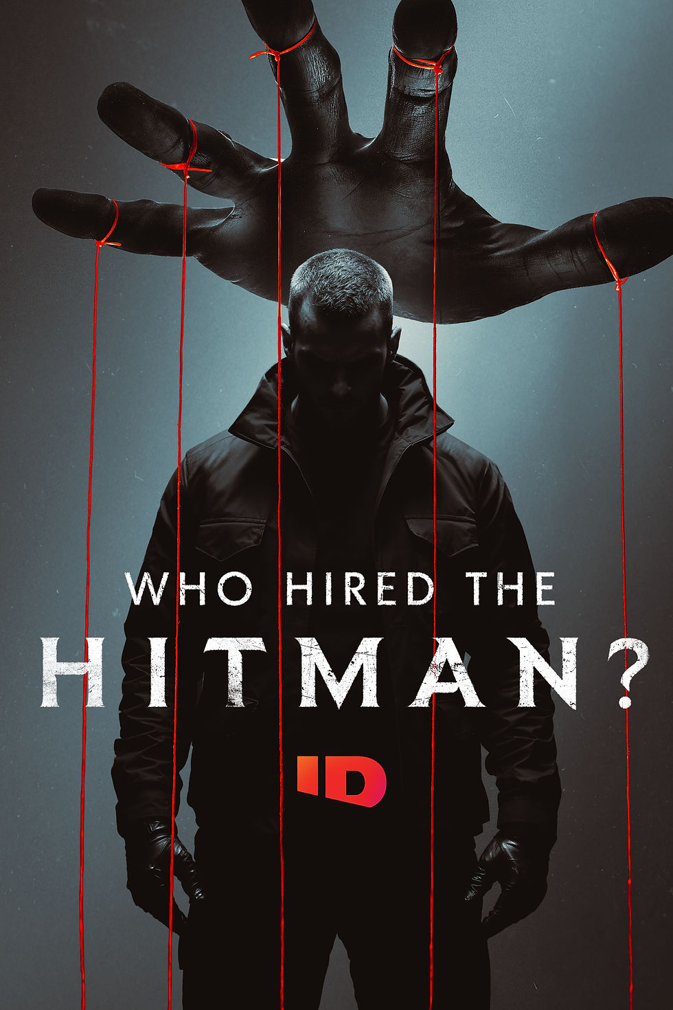 Silhouetted figure under a giant hand with red strings attached. Text reads "WHO HIRED THE HITMAN?" A tense, mysterious mood prevails.