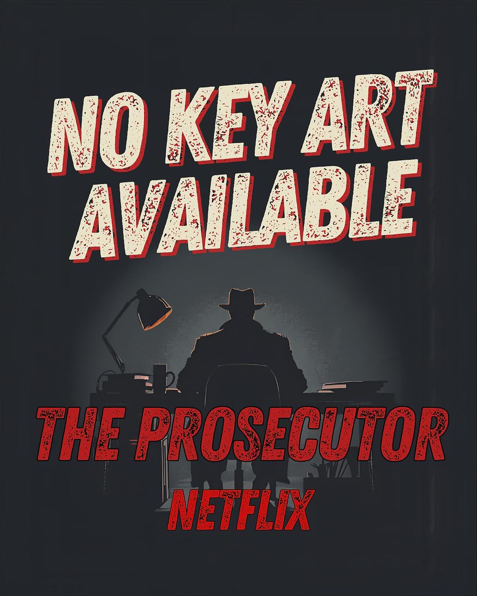 Silhouette of a person at a desk with a lamp, text "NO KEY ART AVAILABLE" above, and "THE PROSECUTOR, NETFLIX" below in bold red text.