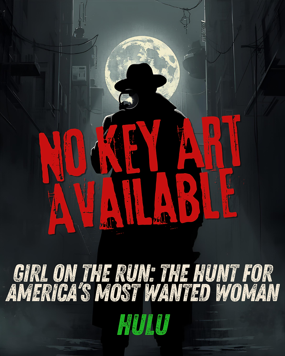 Silhouette of a person with a hat and magnifying glass under a full moon. Text reads "No Key Art Available," "Girl on the Run," and "Hulu."