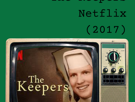 Vintage TV with "The Keepers" cover featuring a nun. Words: "WATCHLIST WEDNESDAY The Keepers Netflix (2017)." Green background.