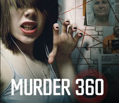 Woman with raised hand in front of crime board, intense expression. "Murder 360" text, streaming details, Paramount+ logo below.