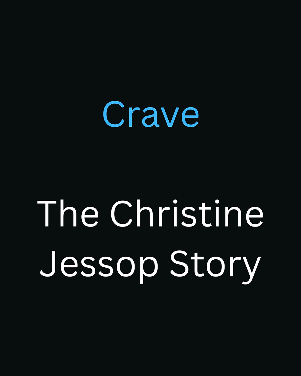 Black background with blue text "Crave" and white text "The Christine Jessop Story." Simple and somber design.