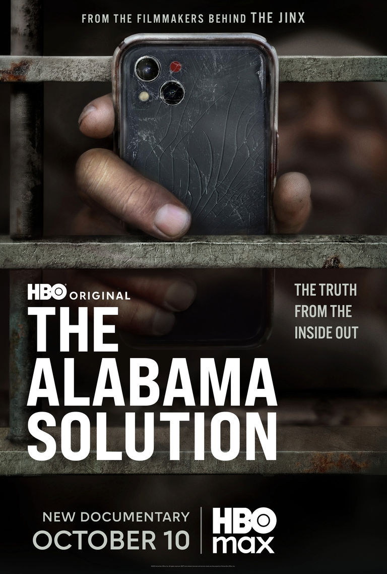 A hand holds a cracked phone behind bars. Text: "HBO Original, The Alabama Solution, New Documentary October 10, HBO Max." Mood is tense.
