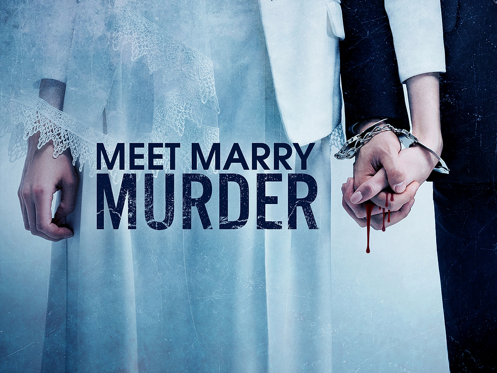 Close-up of a couple holding hands in wedding attire, one hand cuffed and bleeding. Text: "Meet Marry Murder" with a dark, intense mood.