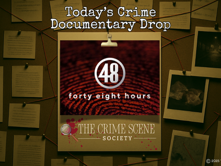 Crime board with red yarn, pinned evidence, and photos surround a central image labeled "48 hours." Text: "Today's Crime Documentary Drop."
