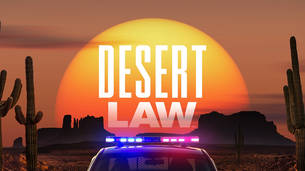 Police car with flashing lights in desert at sunset, large text "DESERT LAW." Cacti and mesas silhouette against orange sky.