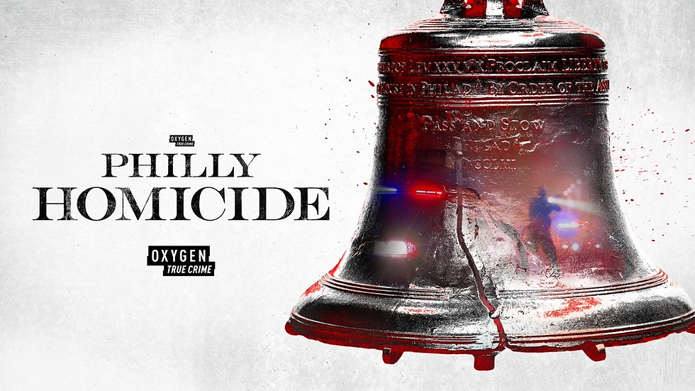 Cracked Liberty Bell with red stains and police lights. Text: Philly Homicide, Oxygen True Crime. Eerie atmosphere.