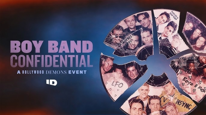 Collage of boy band photos on a broken CD. Text: "Boy Band Confidential: A Hollywood Demons Event." Blue background with an orange hue.