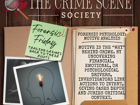 A magnifying glass, "Forensic Friday" note, silhouette with light bulb, and text on motive analysis on wood background with blood splatters.
