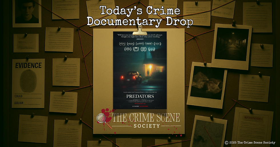 Crime documentary poster on a bulletin board with evidence photos and documents. Text reads: "Today's Crime Documentary Drop."