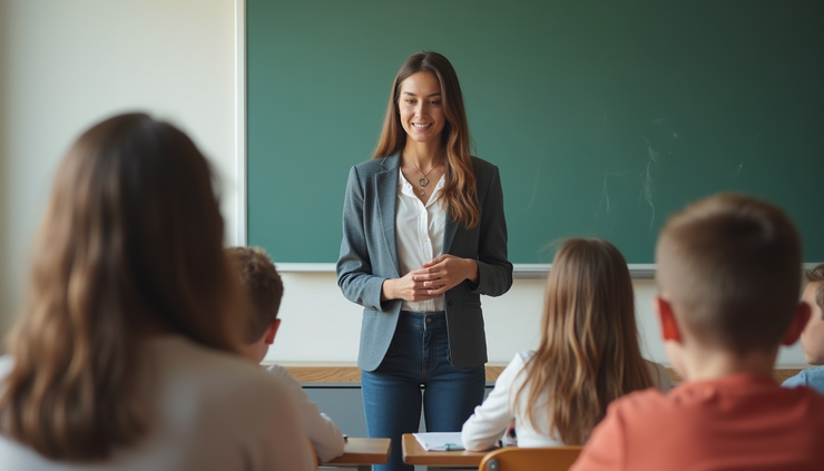 Close-up view of a teacher gently guiding children during a classroom transition