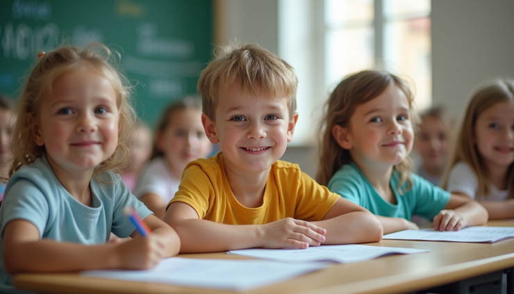High angle view of children happily participating in a group activity after a smooth transition