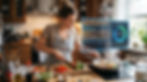 Woman cooking in a kitchen surrounded by chopped veggies. Holographic display shows recipe steps. Warm, focused ambiance.