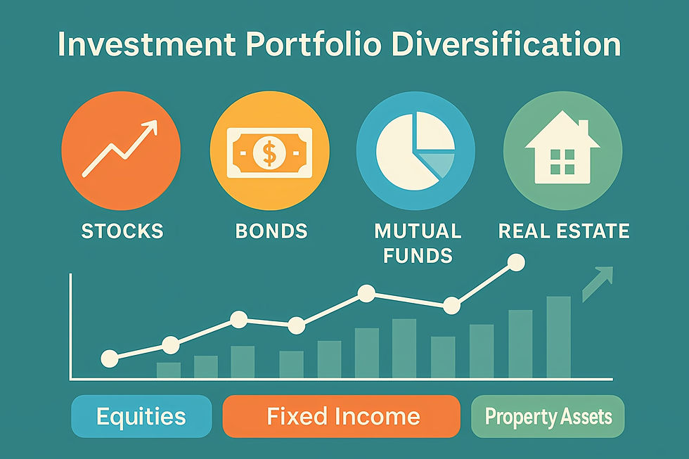Investment chart showing four icons: stocks, bonds, mutual funds, and real estate. Graph below trending upward. Tags: Equities, Fixed Income, Property Assets.
