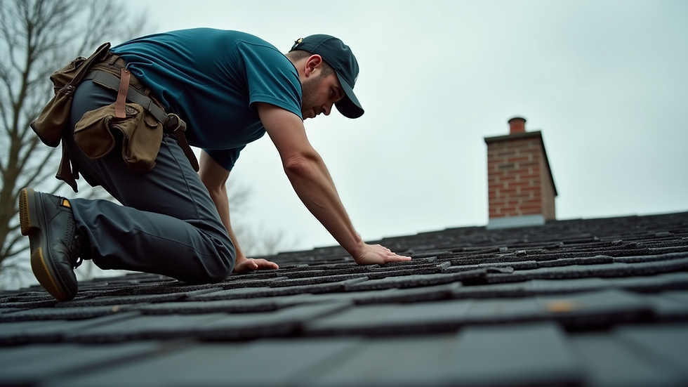 Eye-level view of a roofing professional inspecting shingles on a residential roof