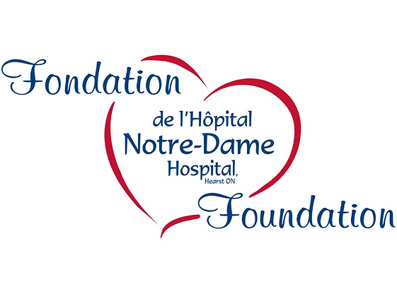 Logo avec un coeur au centre et les lettes Fondation de l'Hôpital Notre Dame Hospital Hearst On Foundation en lettres bleues. 