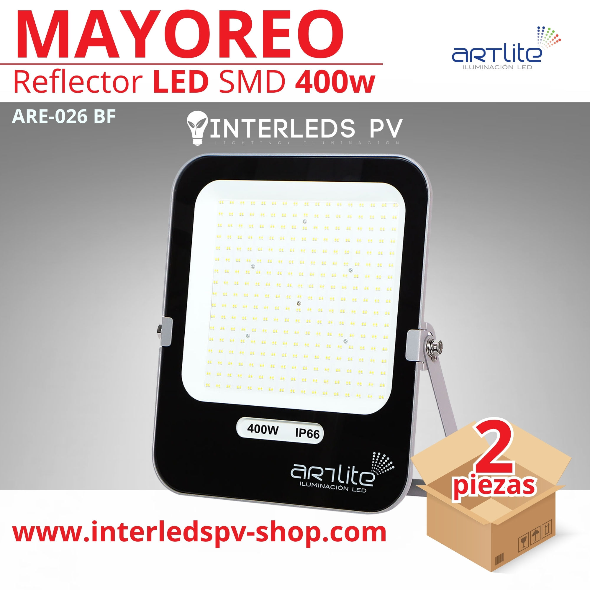 MAYOREO 2pz Reflector LED SMD Slim Cuadrado 400W- Artlite