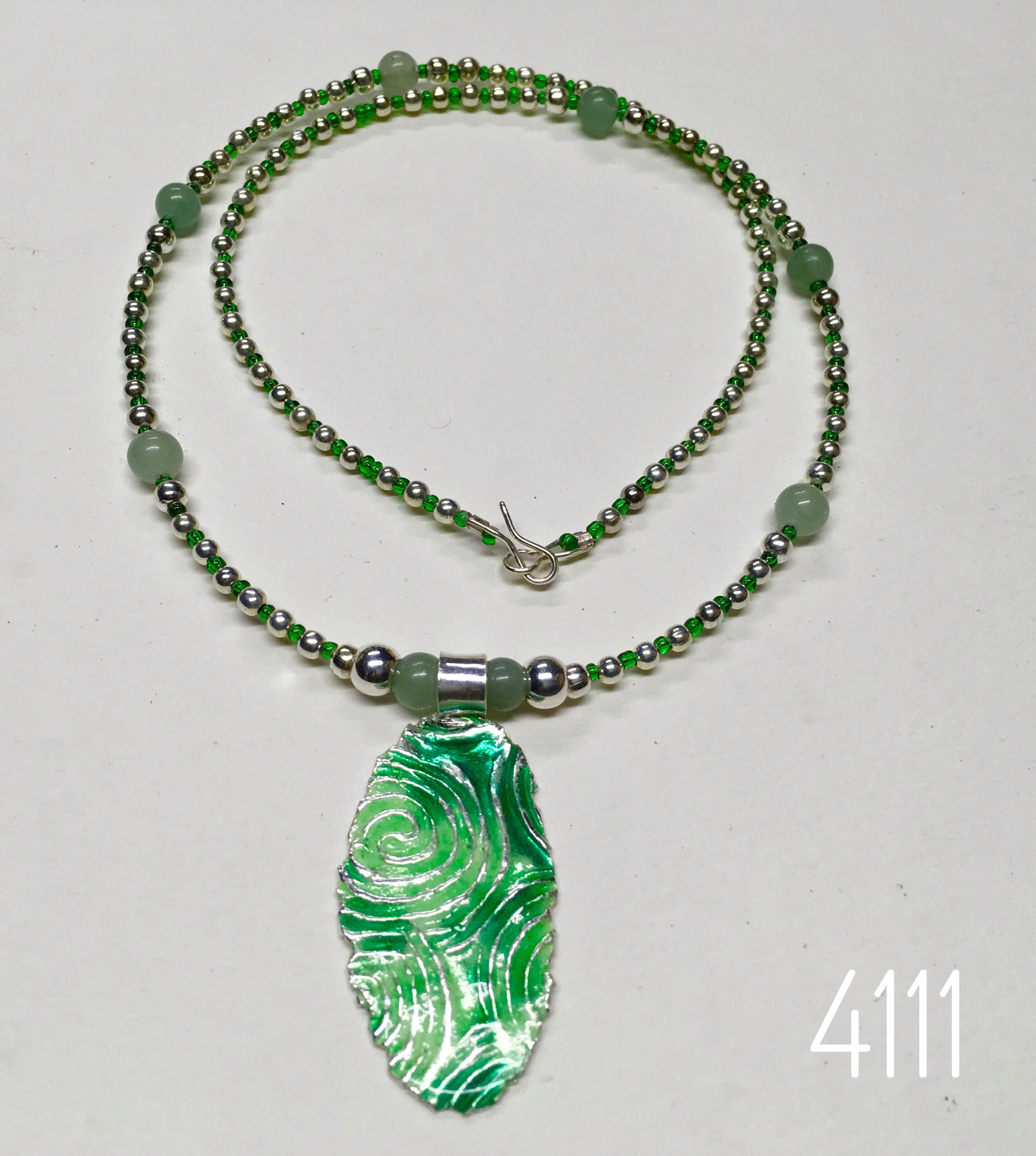 Green Rippled Sea Enamel Pendant With Adventurine Bead Strand.
