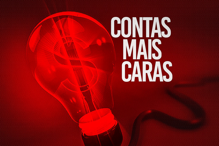 Lâmpada com cifrão dentro, imagem vermelha com texto "Contas mais caras"