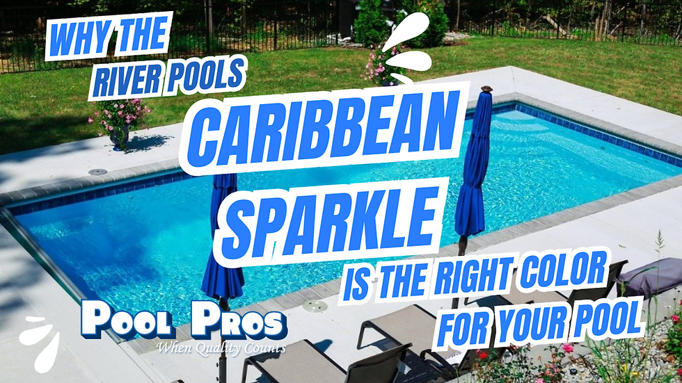 Backyard pool with blue water and umbrellas. Text: "Caribbean Sparkle is the right color for your pool" by Pool Pros. Greenery surrounds.