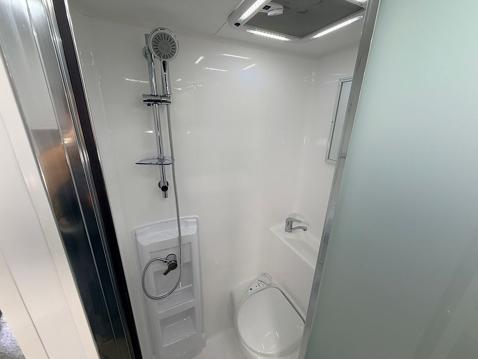 Thumbnail: Hilltop H15 Karijini caravan ensuite interior – compact single axle off-grid caravan bathroom