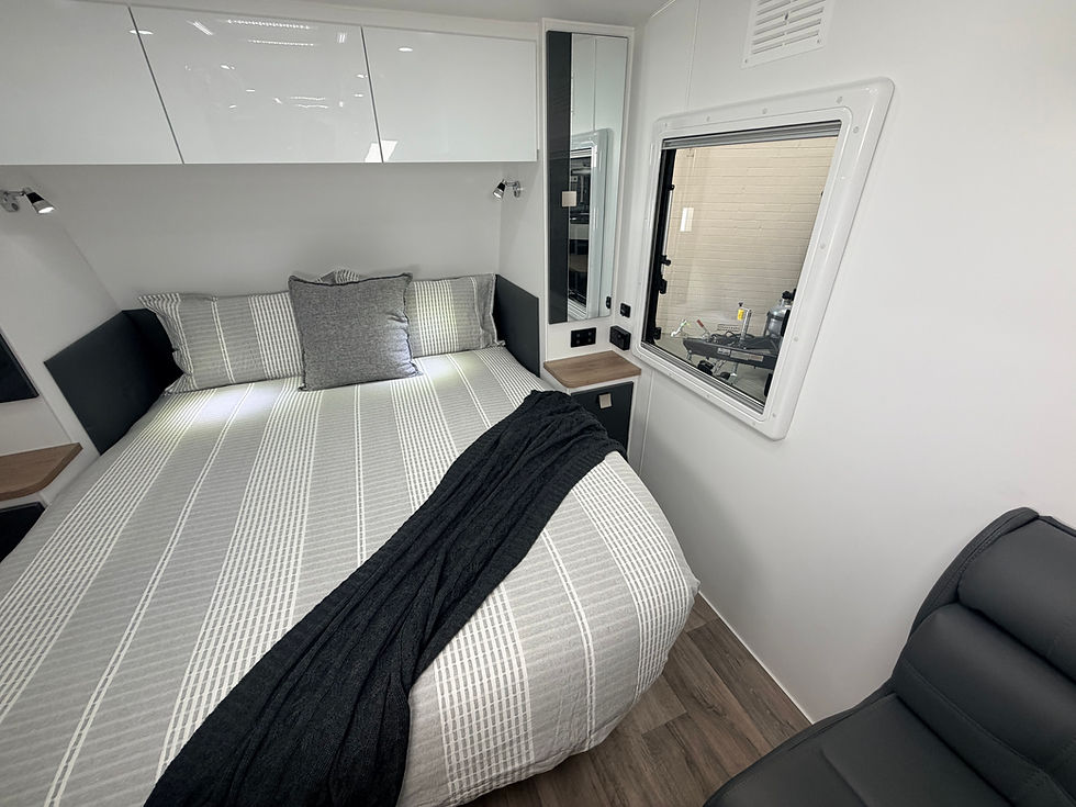 Thumbnail: Hilltop H15 Karijini caravan bedside with storage – compact single axle Australian-built off-road caravan