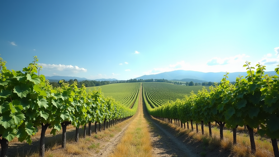 Wide angle view of Becker Vineyards with lush grapevines