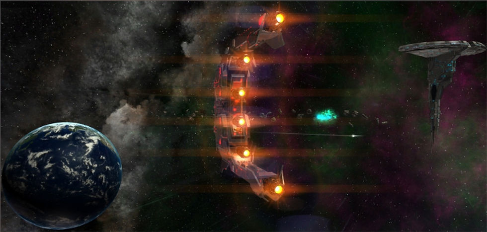 The Genari Starkiller arrives in orbit around Earth, with the Sol Imperial defense platform nearby