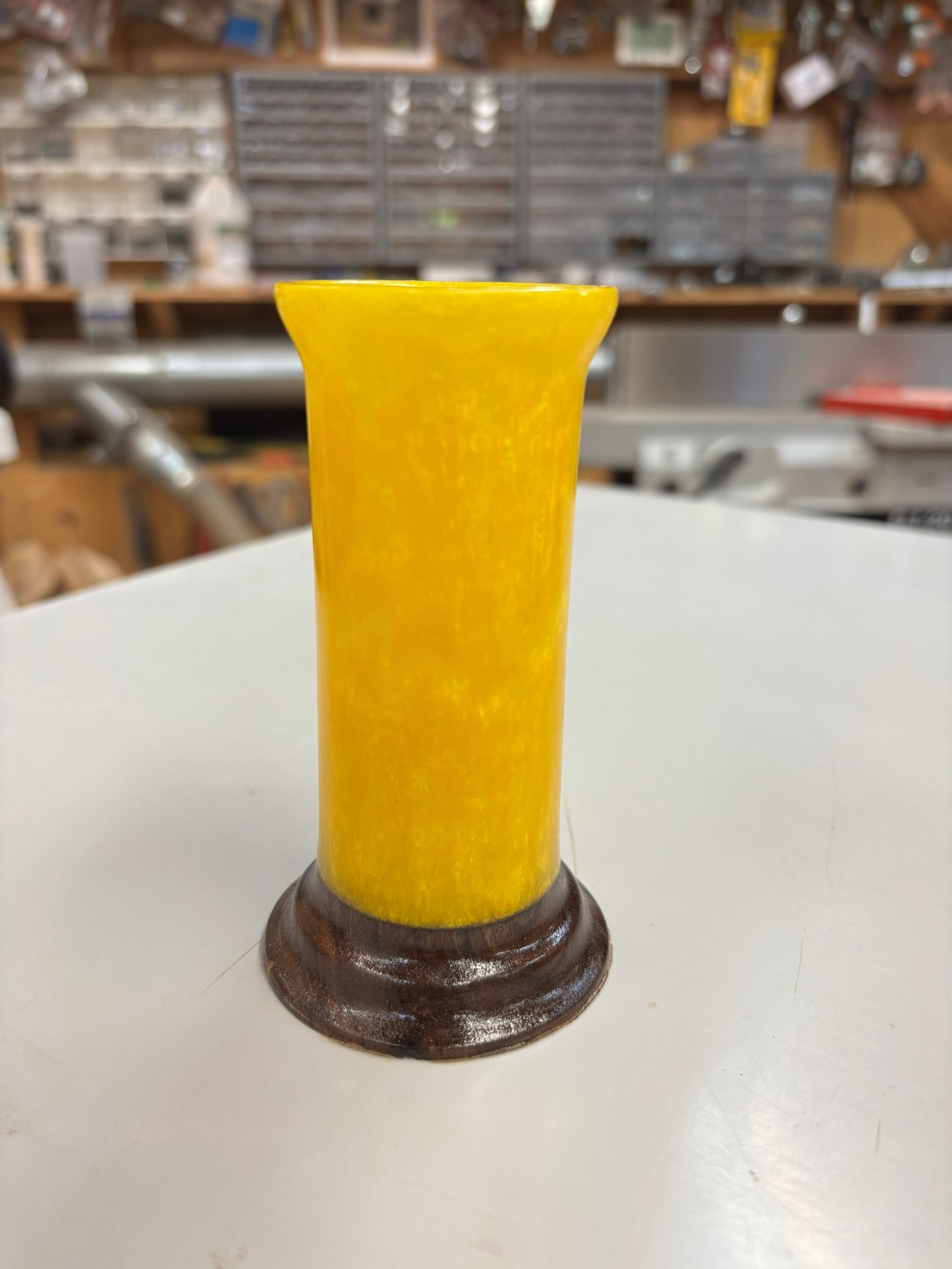 Yellow epoxy vase with walnut wood base