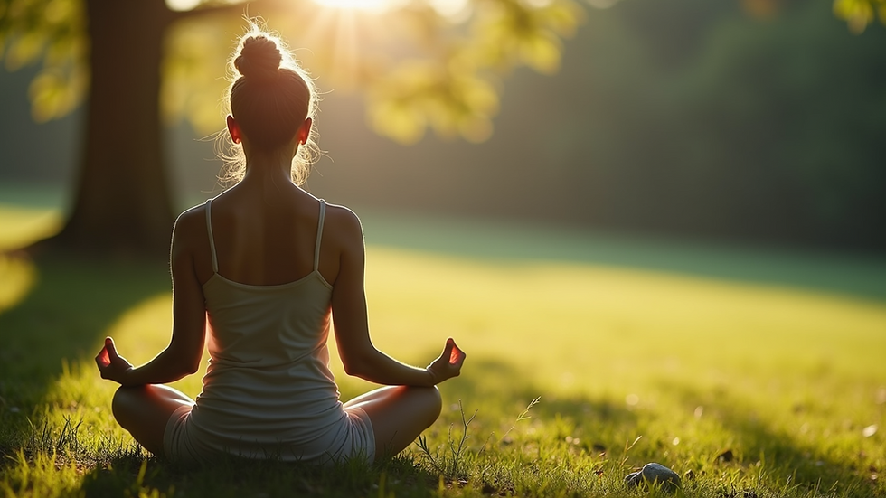 Close-up view of a person meditating in a serene outdoor setting