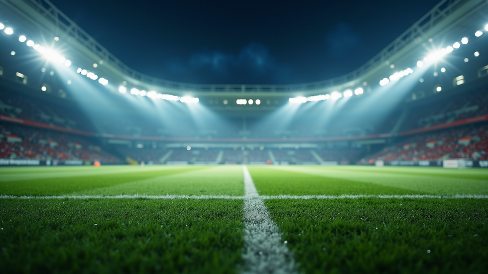 Wide angle view of a soccer field under bright stadium lights