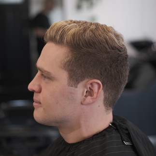 Classic Crew Cut, number 3 on sides with sweeping longer hair on top, profile perspective