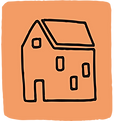 A sketch of a house against an orange background
