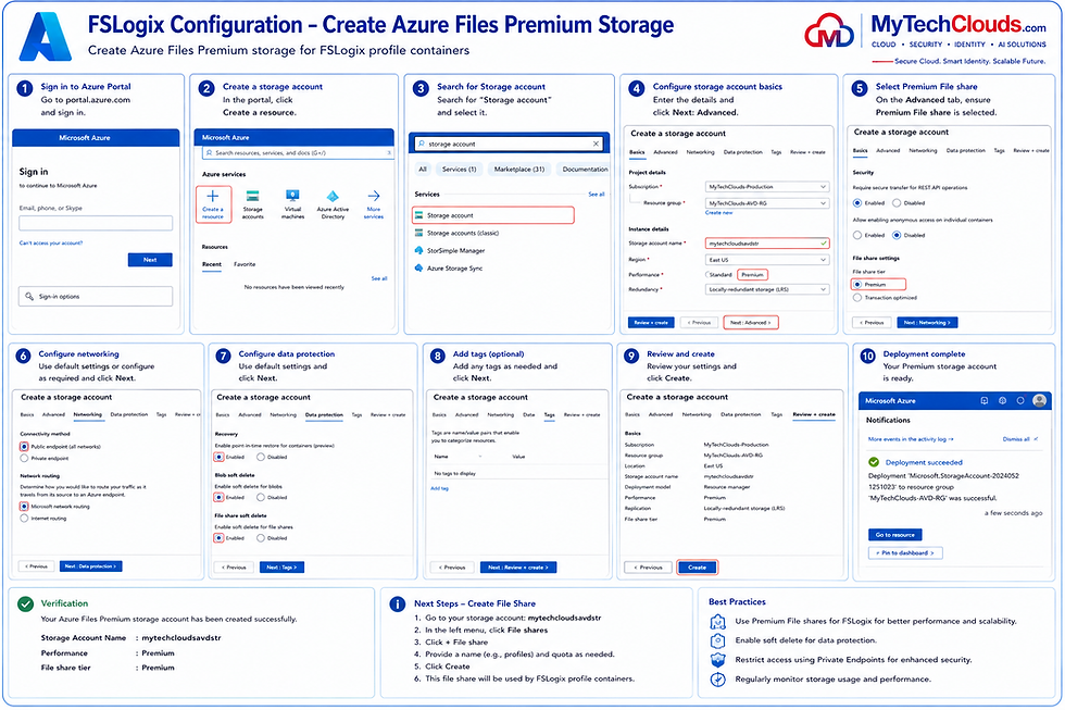 Creation and configuration of Azure Files Premium Storage for FSLogix Profile Containers in Azure Virtual Desktop.