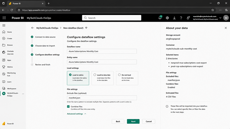 Configuring Power BI Dataflow Gen2 settings for Azure Cost Management exports, including file combination, data loading, and automated FinOps reporting.