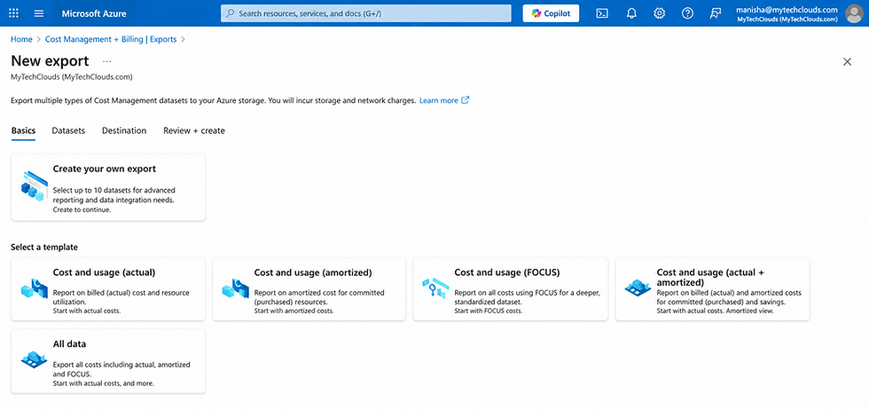 Creating a new Azure Cost Management export using the FOCUS (FinOps Open Cost and Usage Specification) dataset. This export configuration enables automated monthly Azure cost reporting by exporting standardized cost and usage data to Azure Blob Storage for Power BI analytics and FinOps dashboards.