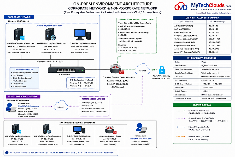 On-Premises Environment Architecture – Hybrid Connectivity between Corporate Network and Microsoft Azure using Site-to-Site VPN / ExpressRoute